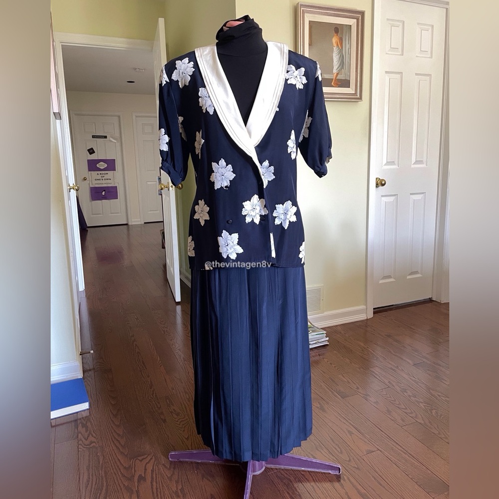 Early 90s navy silk skirt and jacket set